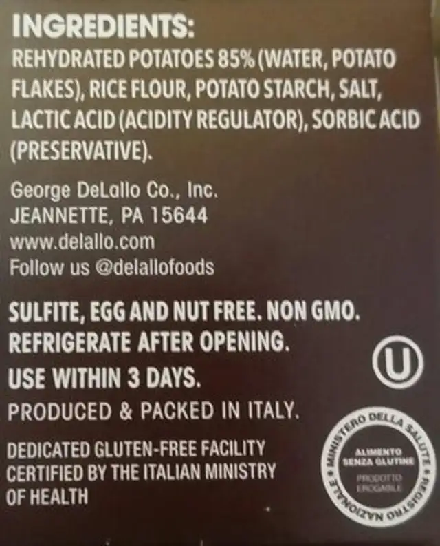 Gluten free mini gnocchi ingredients label
