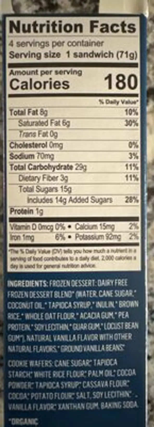 Round Sammies Dairy Free Vanilla Bean nutrition facts table