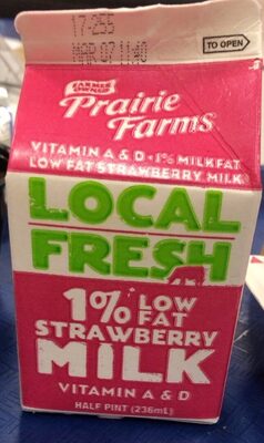 Local fresh 1% low fat strawberry milk front packaging