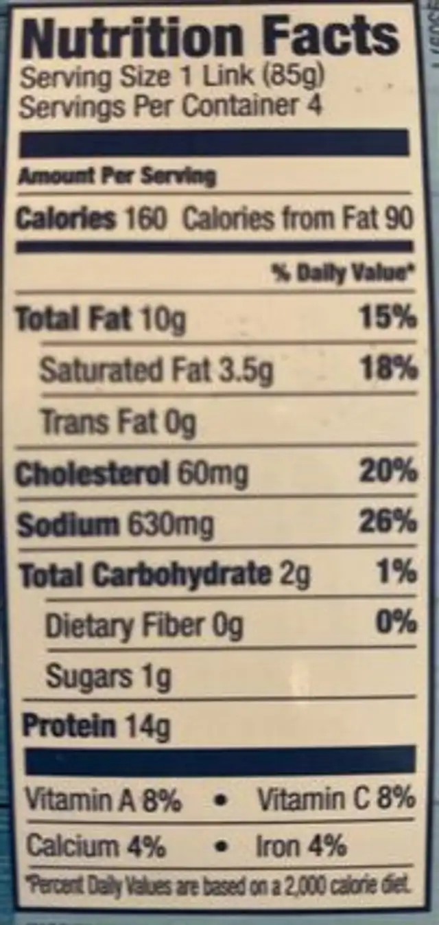 Chicken sausages nutrition facts table