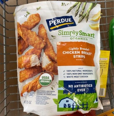 Lightly breaded chicken breast strips front packaging