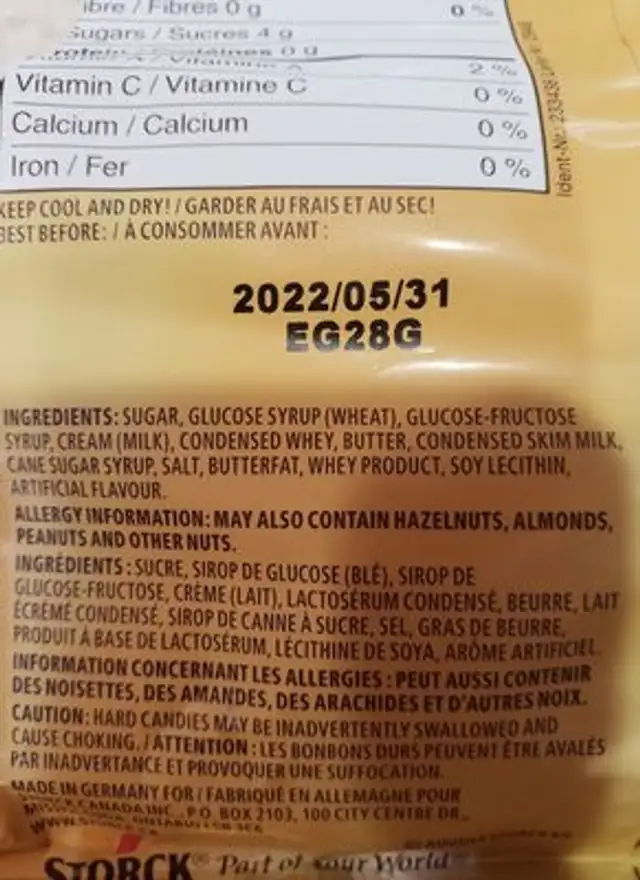 Werther's Original Creamy Caramel Hard Candies ingredients label