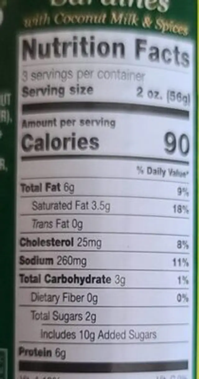 Sardines Gata Style nutrition facts table