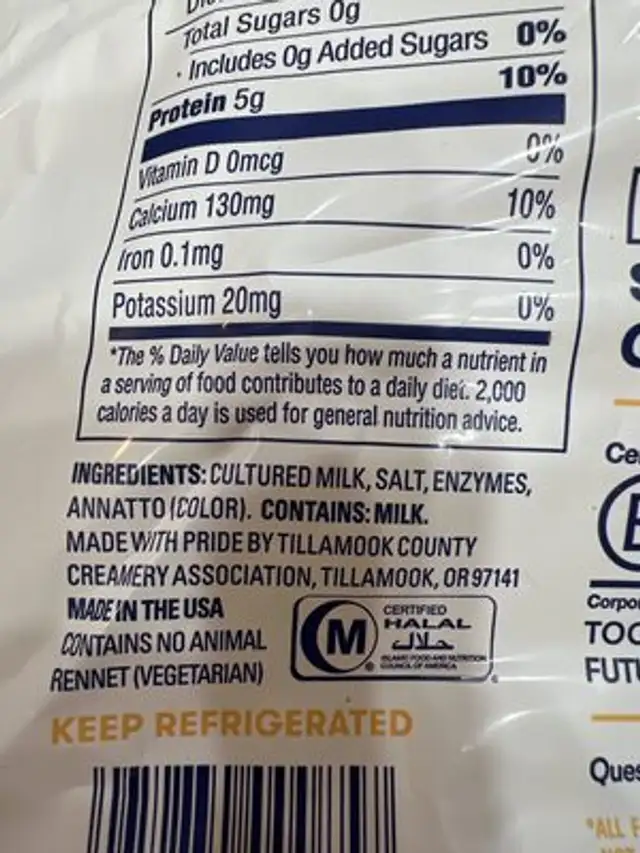 Medium Cheddar ingredients label