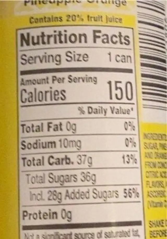 Pineapple orange drink nutrition facts table