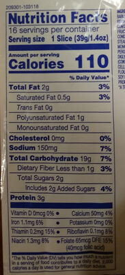 Premium enriched bread nutrition facts table