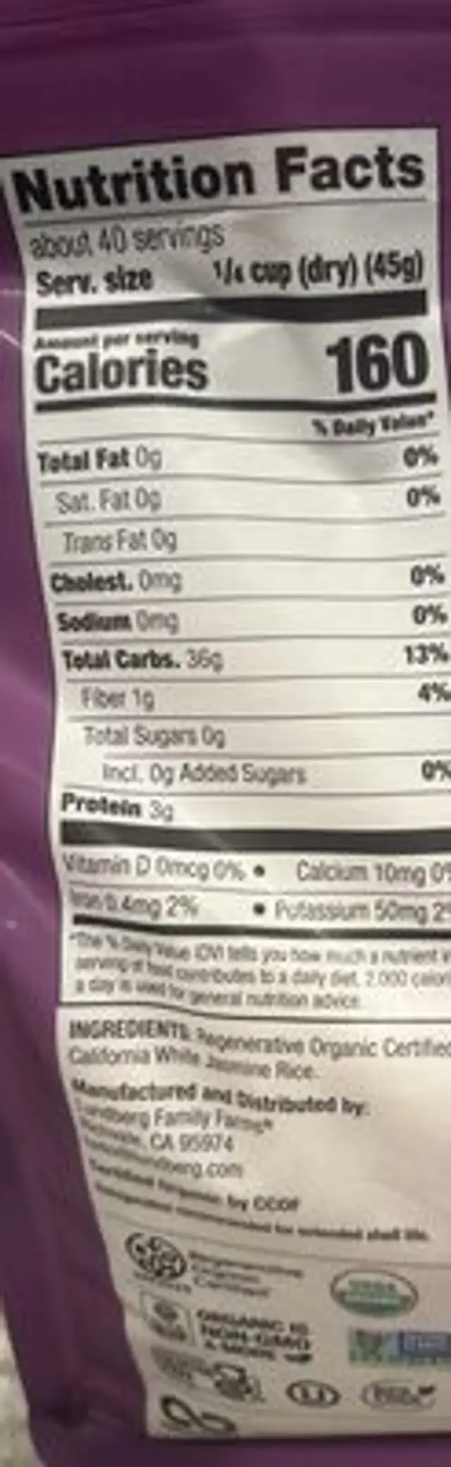 White Rice Jasmine nutrition facts table