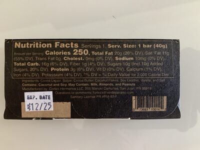 Coconut Dark Chocolate nutrition facts table