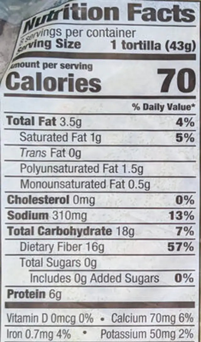 Carb Balance Spinach Herb nutrition facts table