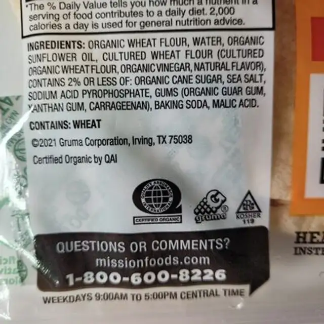 Organic Flour Tortillas Soft Taco ingredients label
