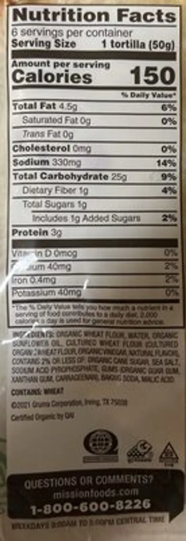 Organic Flour Tortillas Soft Taco nutrition facts table