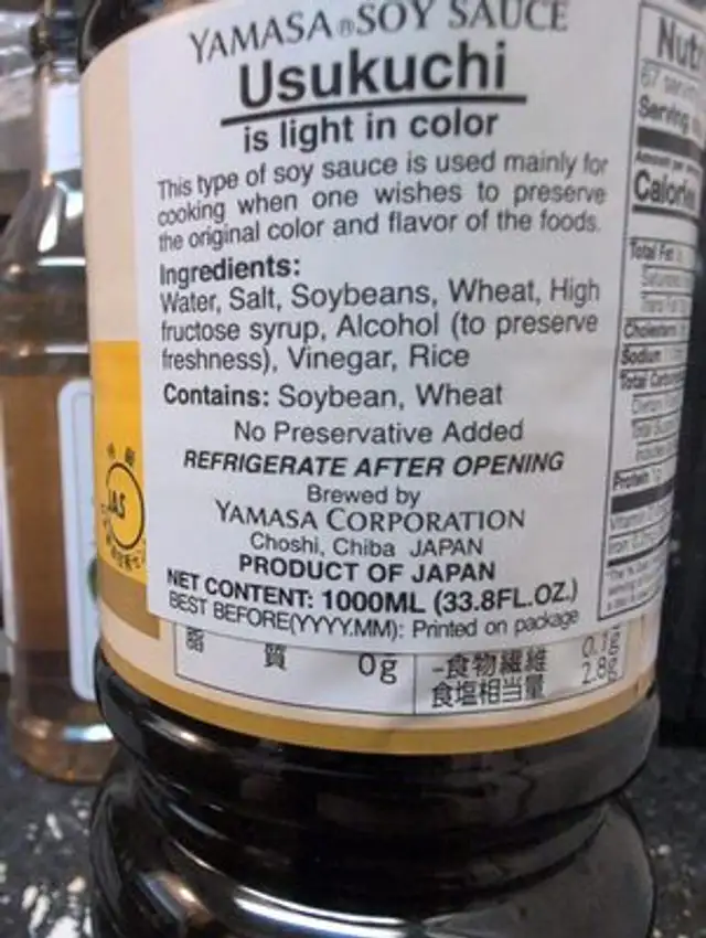 Yamasa, Usukuchi Soy Sauce ingredients label