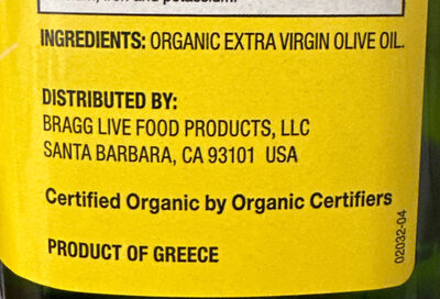 Organic Extra Virgin Olive Oil ingredients label