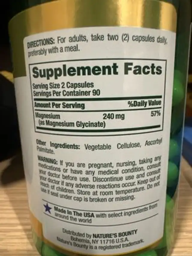 Magnesium Glycinate nutrition facts table