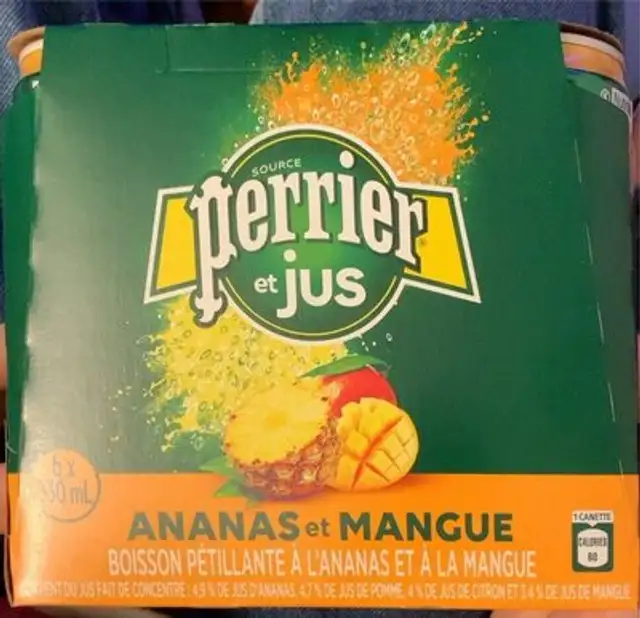 Perrier et Jus Ananas et Mangue front packaging