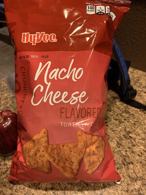 Nacho cheese flavored tortilla chips, nacho cheese