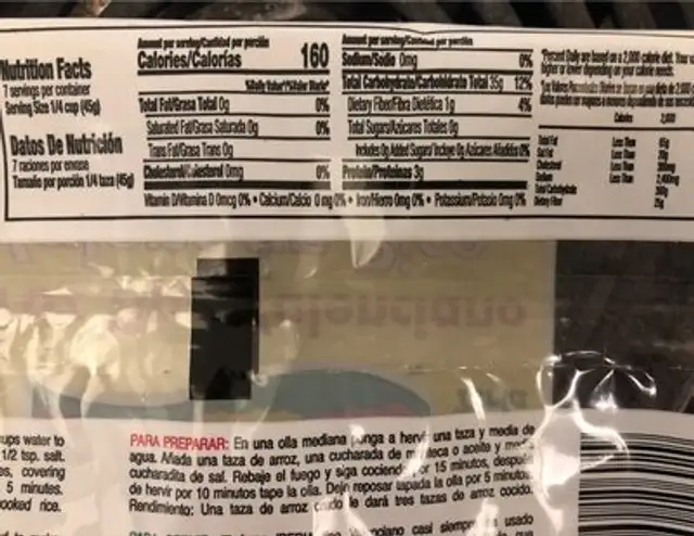 Valencian rice nutrition facts table