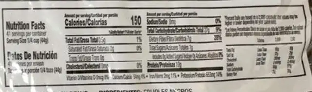 Black Beans nutrition facts table