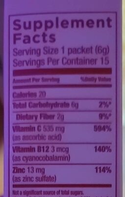 Immunity essentials nutrition facts table