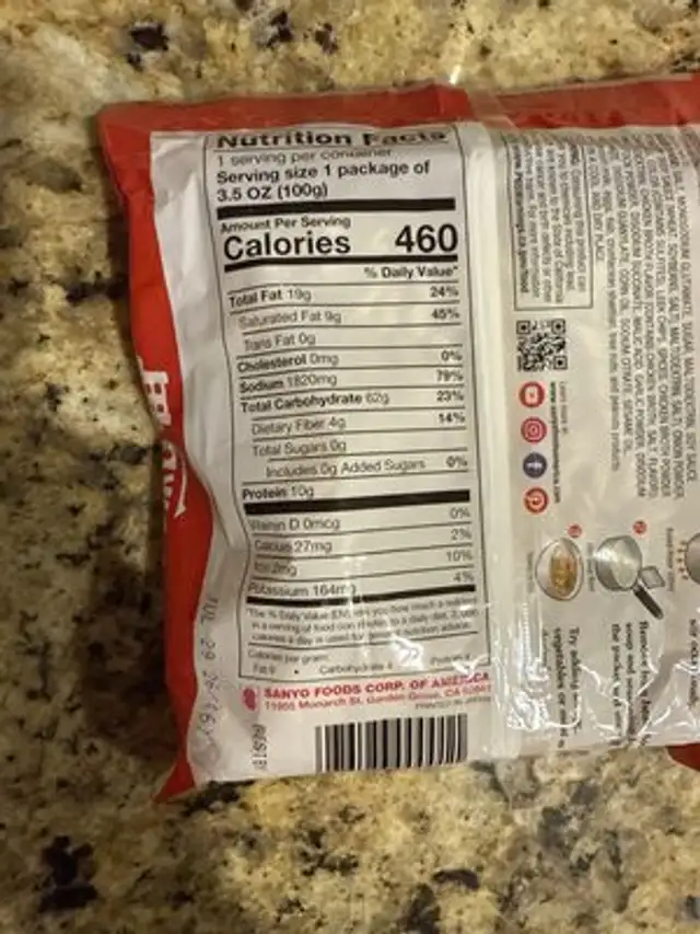 Japanese Style Noodles Original Flavour nutrition facts table