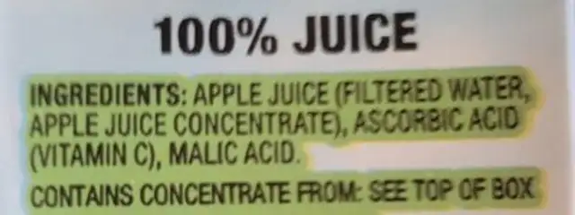 Apple Juice From Concentrate ingredients label