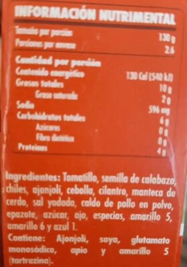 Doña Chonita nutrition facts table