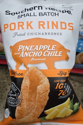 Small batch pineapple ancho chile flavored pork rinds fried in sunflower oil