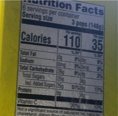 Ice Pops nutrition facts table