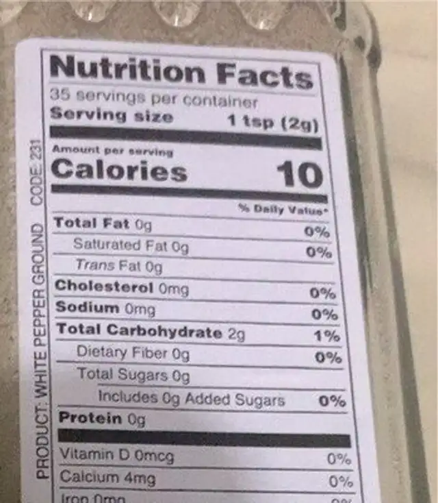 White Pepper nutrition facts table