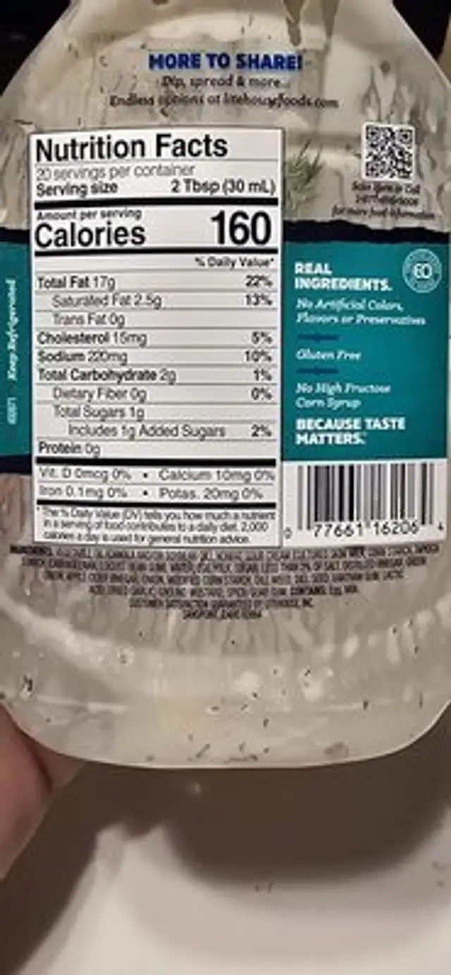 Dill Ranch Dressing & Dip ingredients label