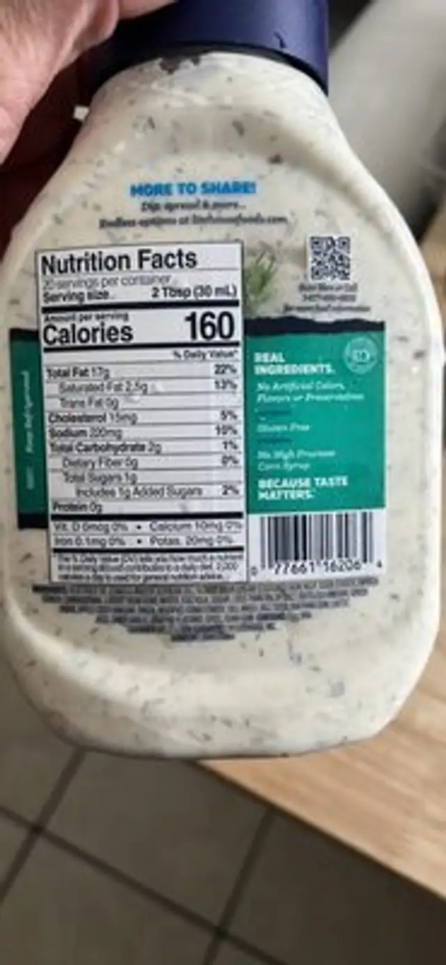 Dill Ranch Dressing & Dip nutrition facts table