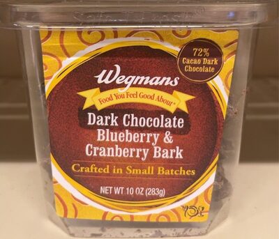 Dark chocolate blueberry & cranberry bark front packaging