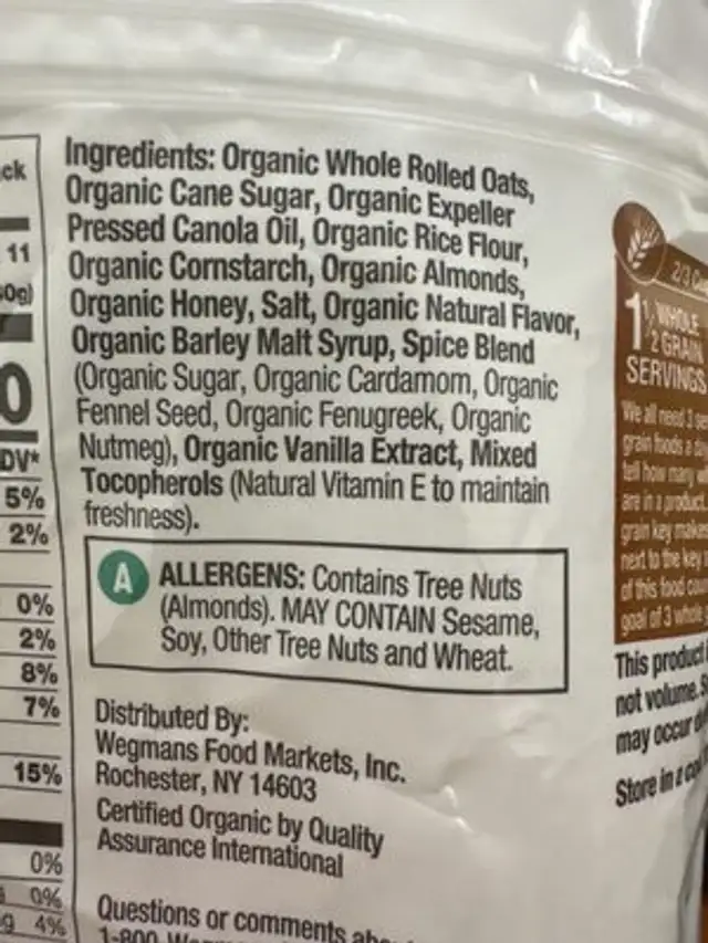 Whole grain oat clusters with sliced almonds & honey granola, vanilla & almonds ingredients label