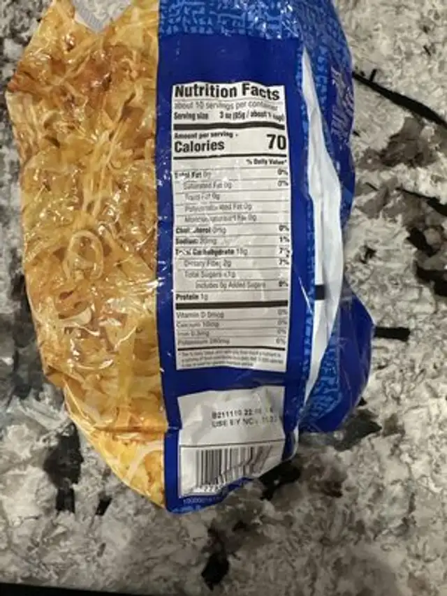 Hash browns grade a shredded potatoes, shredded hash browns nutrition facts table