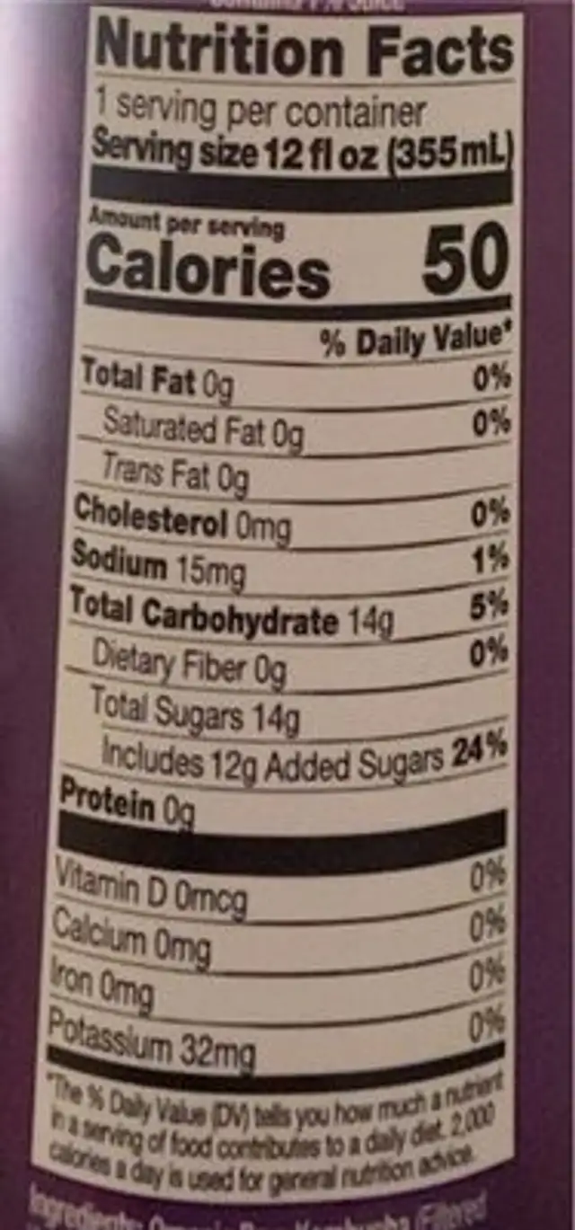 Kombucha nutrition facts table