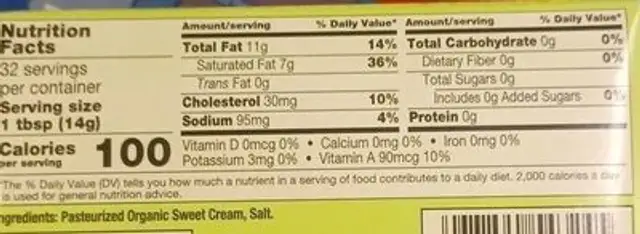 Salted Sweet Cream Butter nutrition facts table