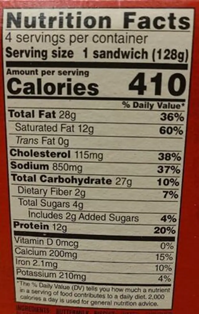 Biscuit Sausage, Egg, & Cheese nutrition facts table