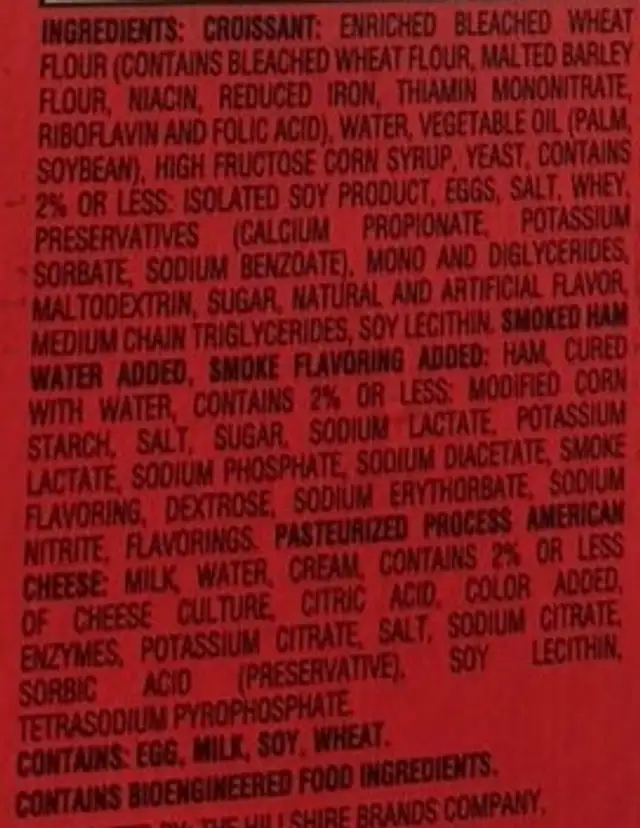 Croissant Ham & Cheese Sandwiches ingredients label