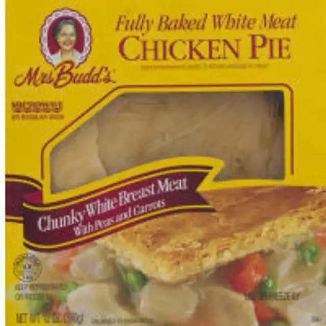 Mrs budd's chicken pie front packaging