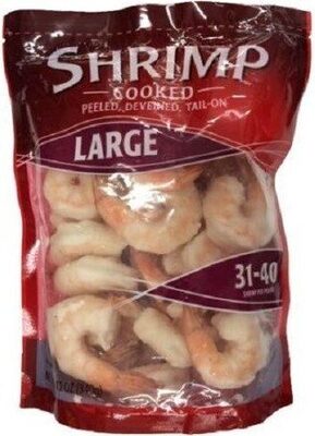 Cooked shrimp peeled deveined tail-on large front packaging