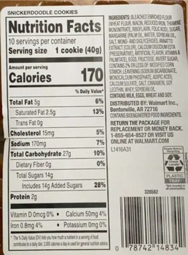 Snickerdoodle Cookies nutrition facts table