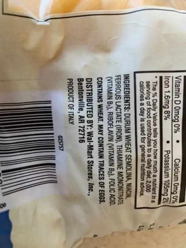 Enriched macaroni product penne pasta ingredients label
