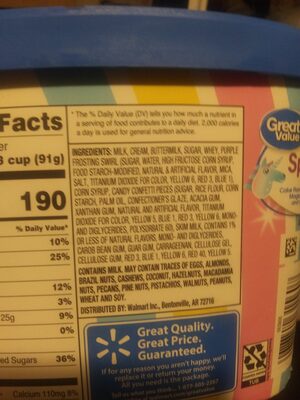 Unicorn Sparkle Ice Cream ingredients label