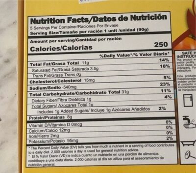 Turnover Empanadillas nutrition facts table