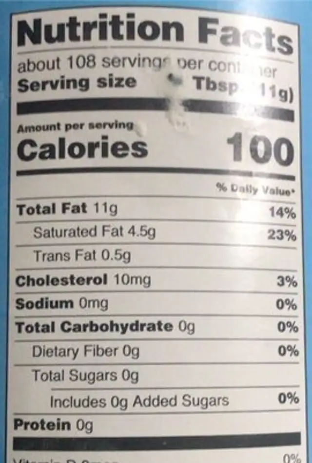 Shortening nutrition facts table
