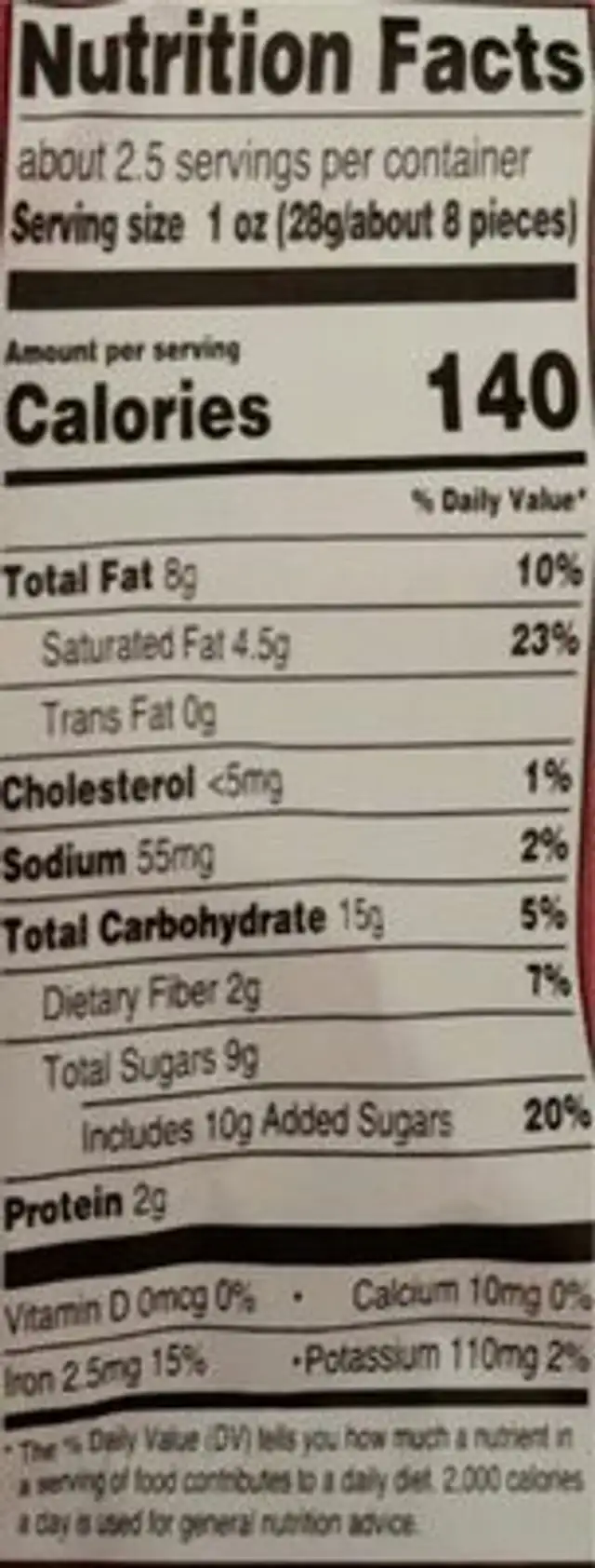 Dark chocolate almonds, cranberries, & aronia berries clusters nutrition facts table