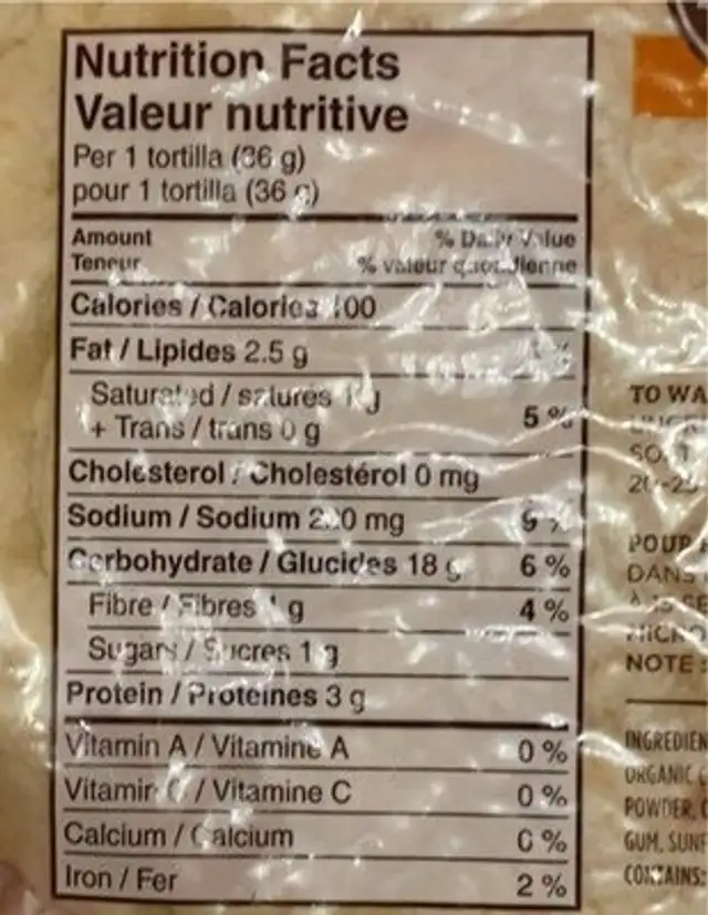 Organic Traditional Flour Tortillas nutrition facts table