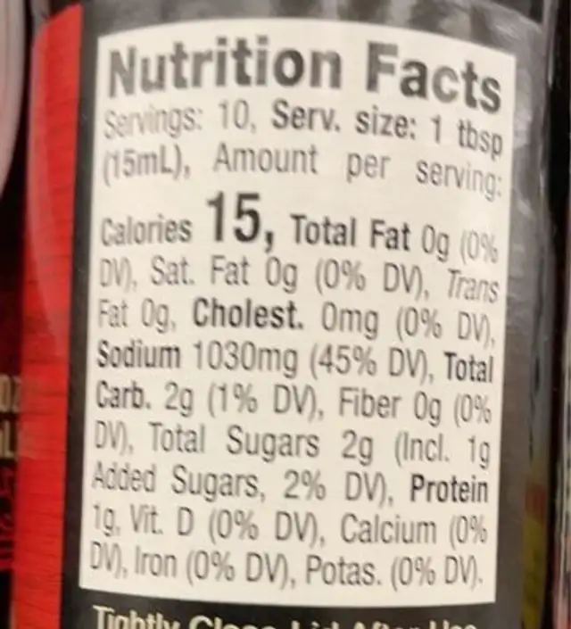 Soy sauce nutrition facts table