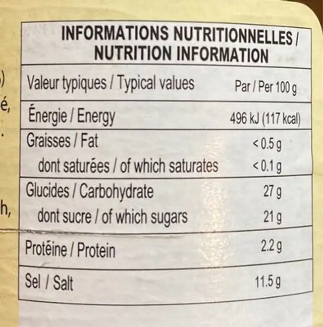 Sauce huitre nutrition facts table