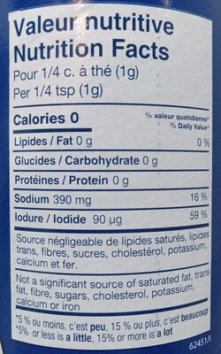 Fine Iodized Sea Salt nutrition facts table